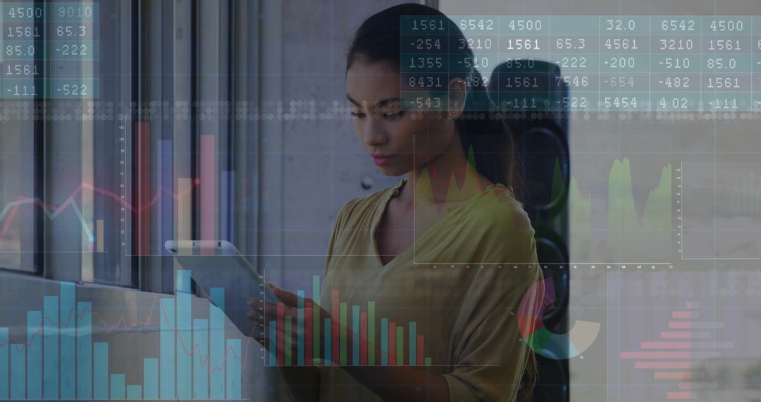 Businesswoman Analyzing Data on Tablet with Digital Charts Overlay