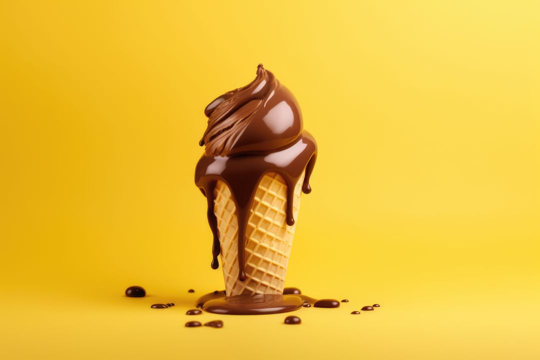 Chocolate ice cream in cone on yellow background, created using generative ai technology - Free Images, Stock Photos and Pictures on Pikwizard.com