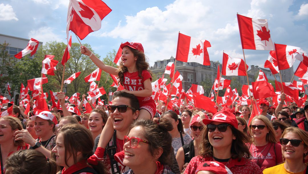 Canada Day Crowd Celebrating with Waving Maple Leaf Flags and Girl on Shoulders