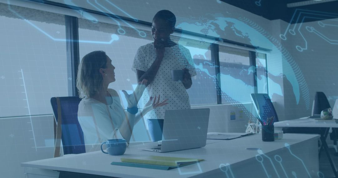 Colleagues Engaging in Creative Office Dialogue with Digital Overlay