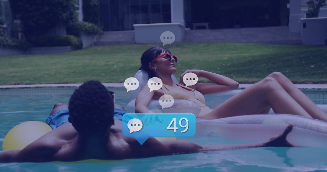 Couple Relaxing in Pool with Inflatable Rafts and Social Media Overlay