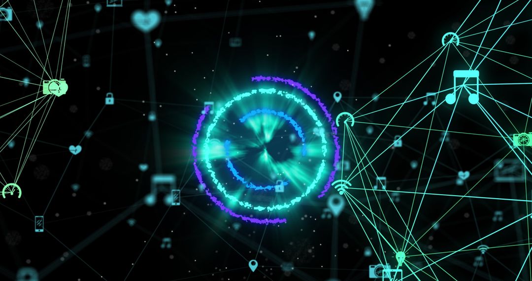 Neon Circles in Digital Data Network with Icon Connections