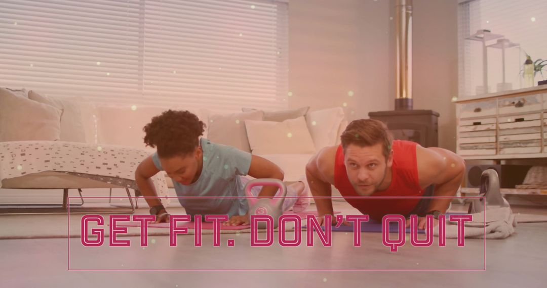 Motivated Couple Exercising in Living Room with Motivational Text