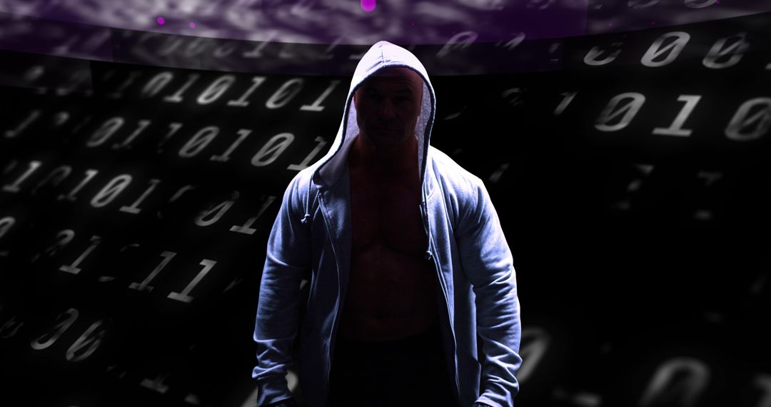 Anonymous Hacker in Hoodie Against Digital Binary Background