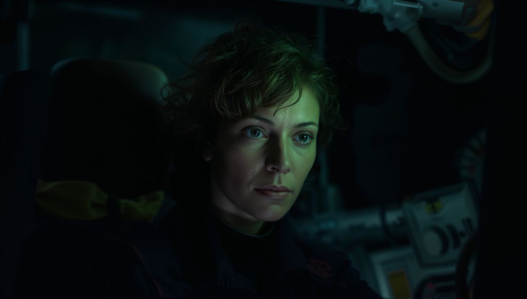 Female Technician Adjusting Cockpit Control Panel Under Moody Green Light in Cabin