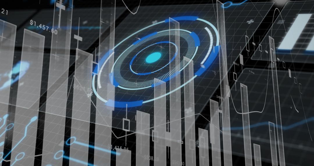 Futuristic Data Visualization Interface with HUD and Bar Chart Array