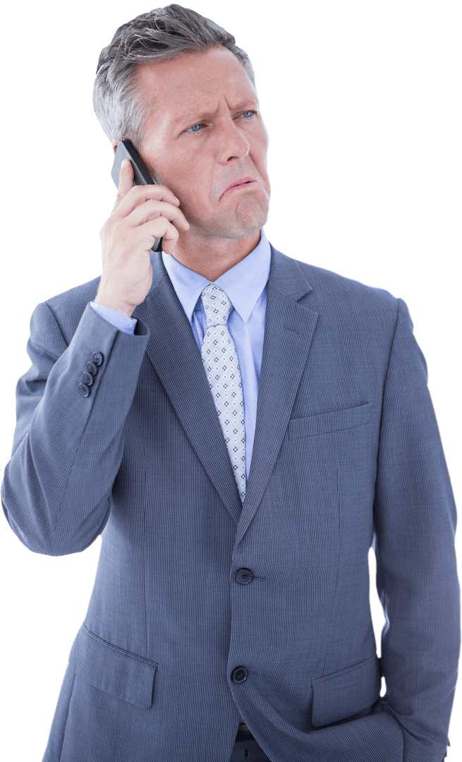 Businessman in Suit Looks Confused in Transparent Phone Call