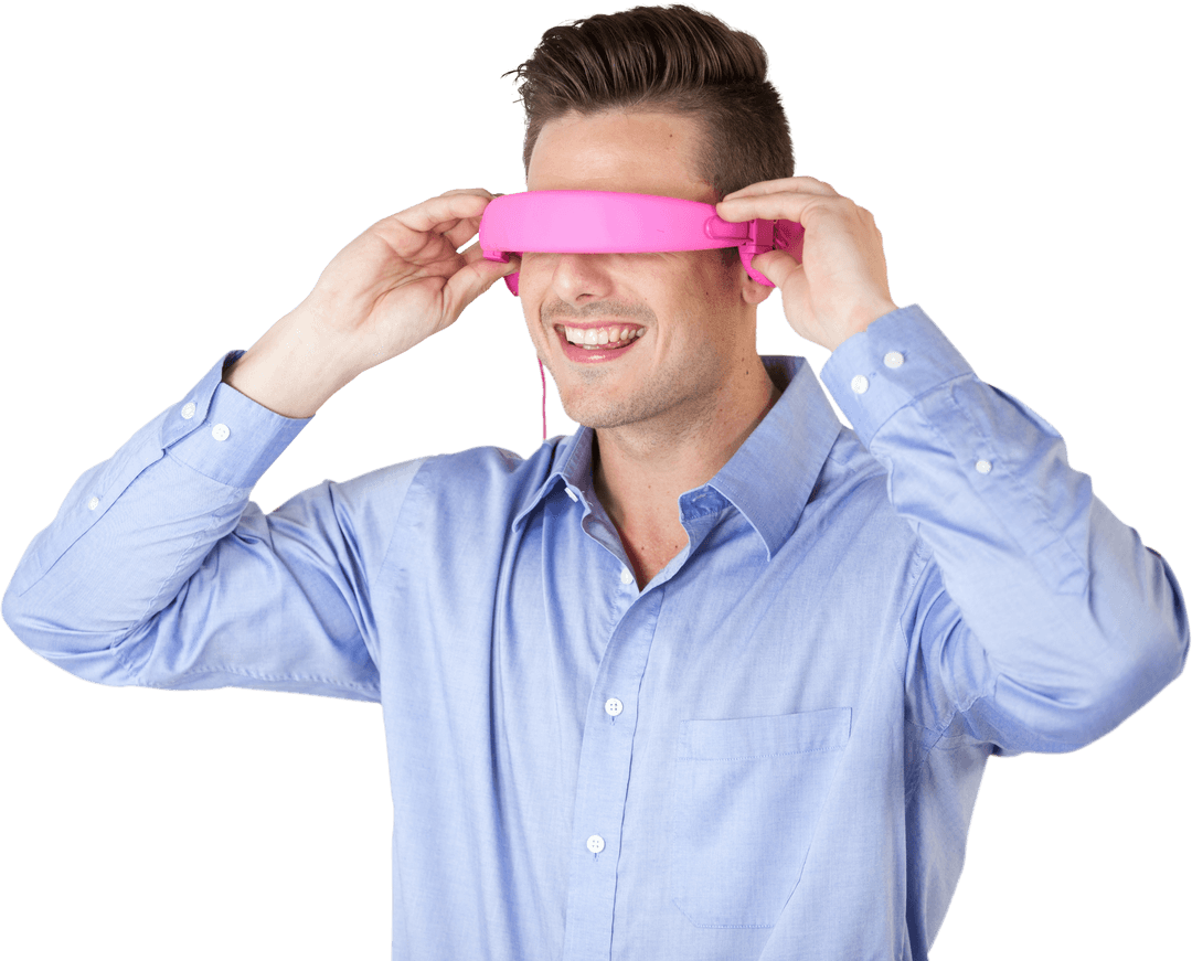 Young Man Smiling with Colorful Virtual Reality Glasses, Exploring Transparent Fun