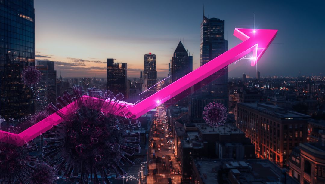 Magenta Arrow and Virus Graphics Against Urban Nightscape