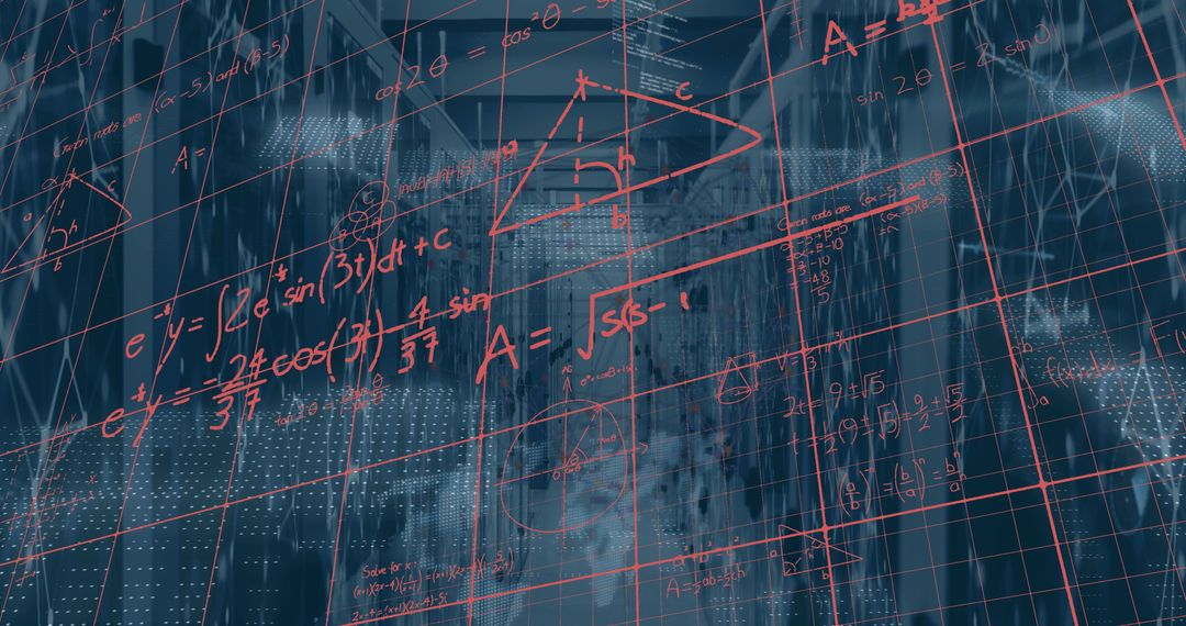 Mathematical Formulas and Data Overlaid on High-Tech Server Room