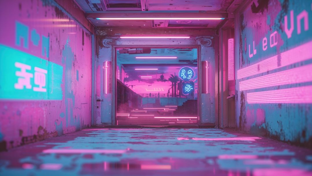 Futuristic Neon-lit Urban Corridor with Cyberpunk Aesthetics