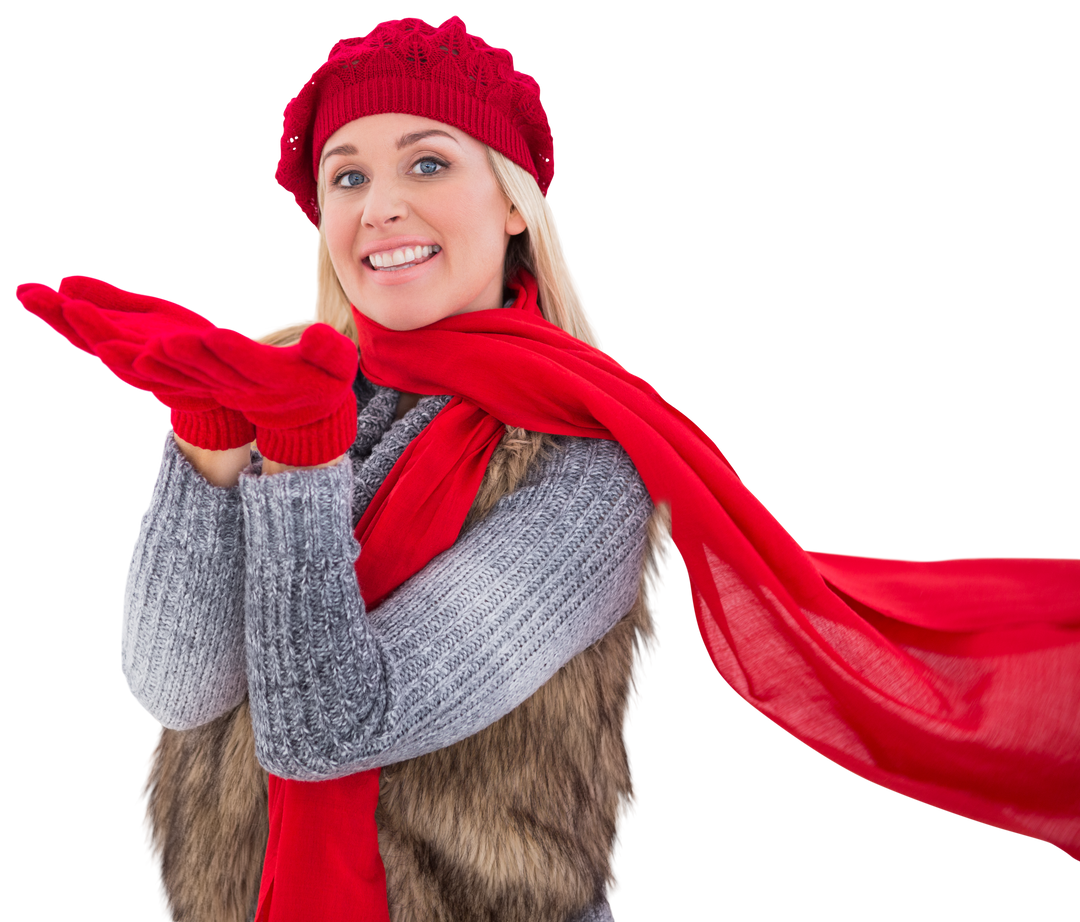 Smiling Woman in Warm Winter Attire with Red Accessories on Transparent Background - Download Free Stock Images Pikwizard.com