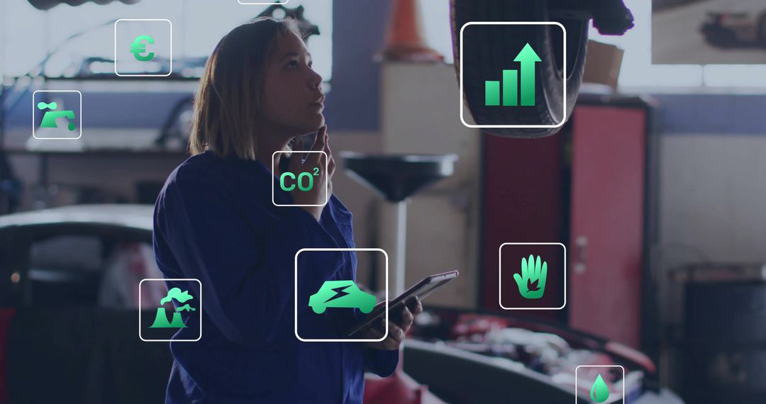 Female Technician Reviewing AR Diagnostics on Tablet in Automotive Workshop for Efficiency