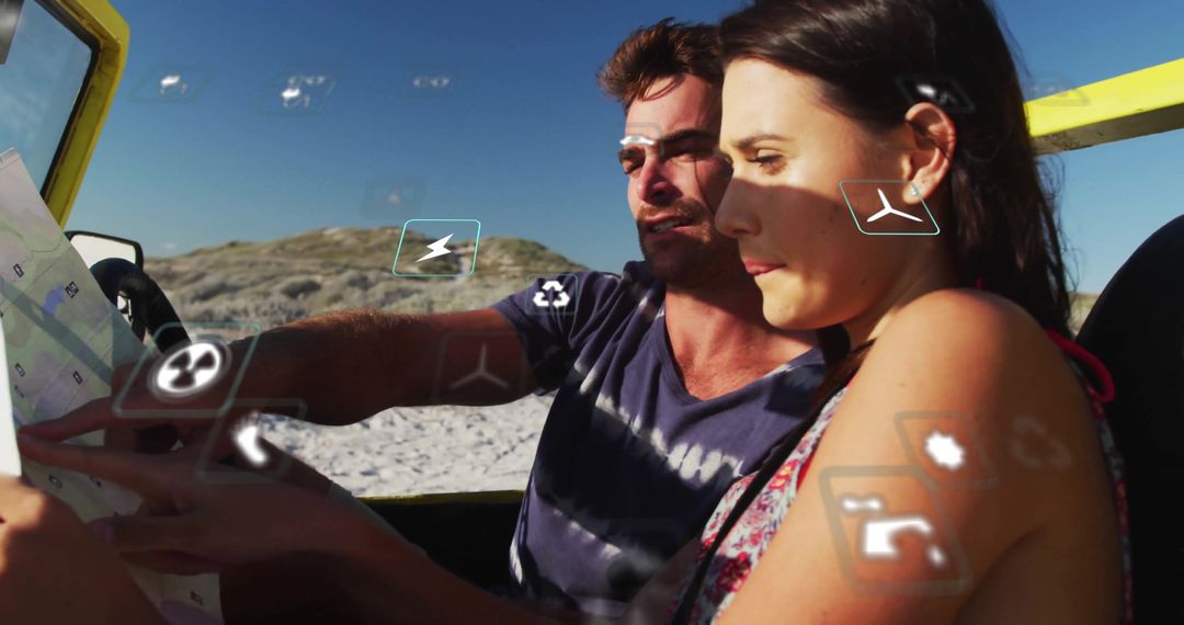 Young Couple Navigating Adventure Journey GPS Retro Convertible