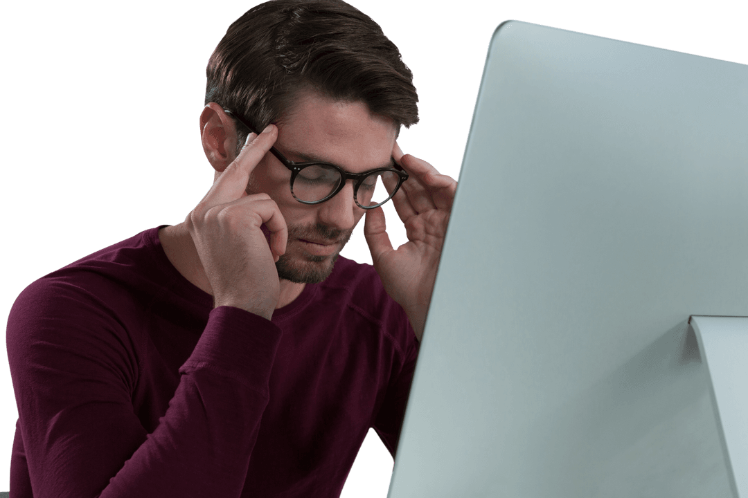 Stressed Man Rubbing Temples at Office Desk, Transparent Background