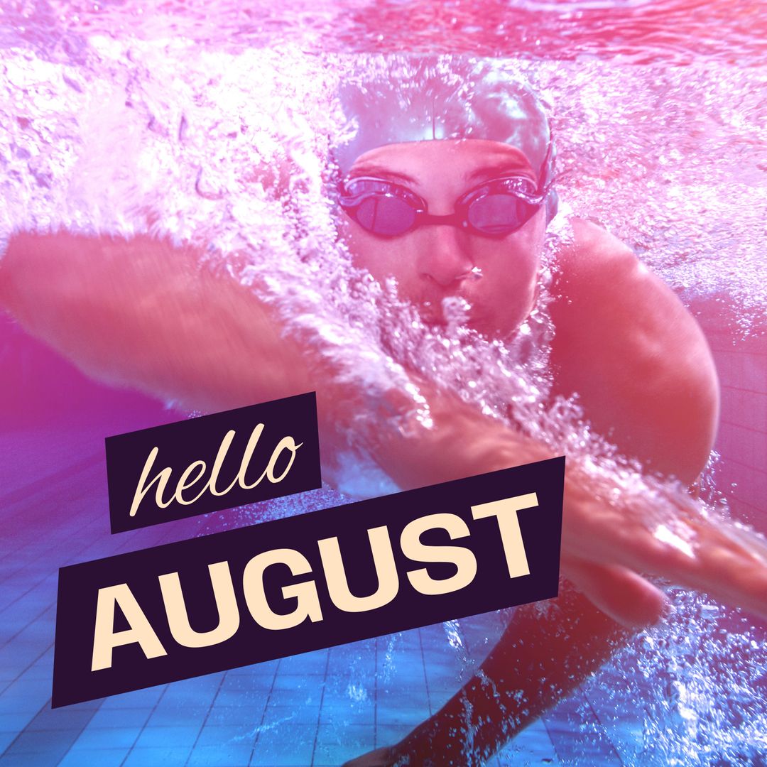 Energetic Swimmer Greeting August with Splash