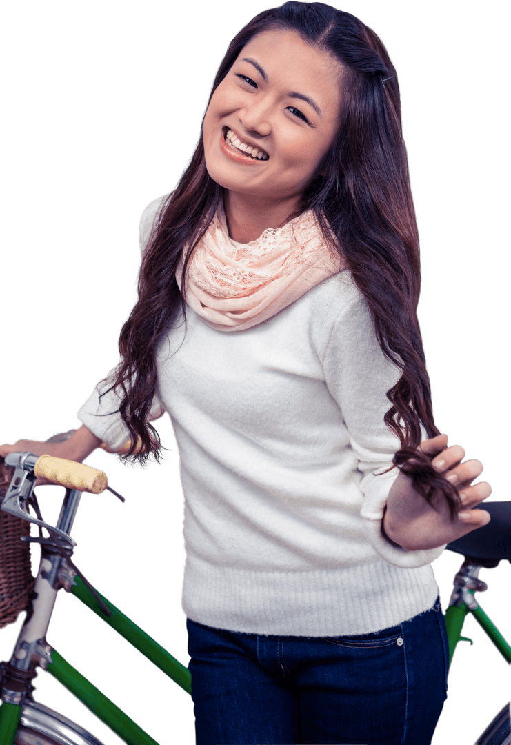 Smiling Woman with Bicycle on Transparent Background
