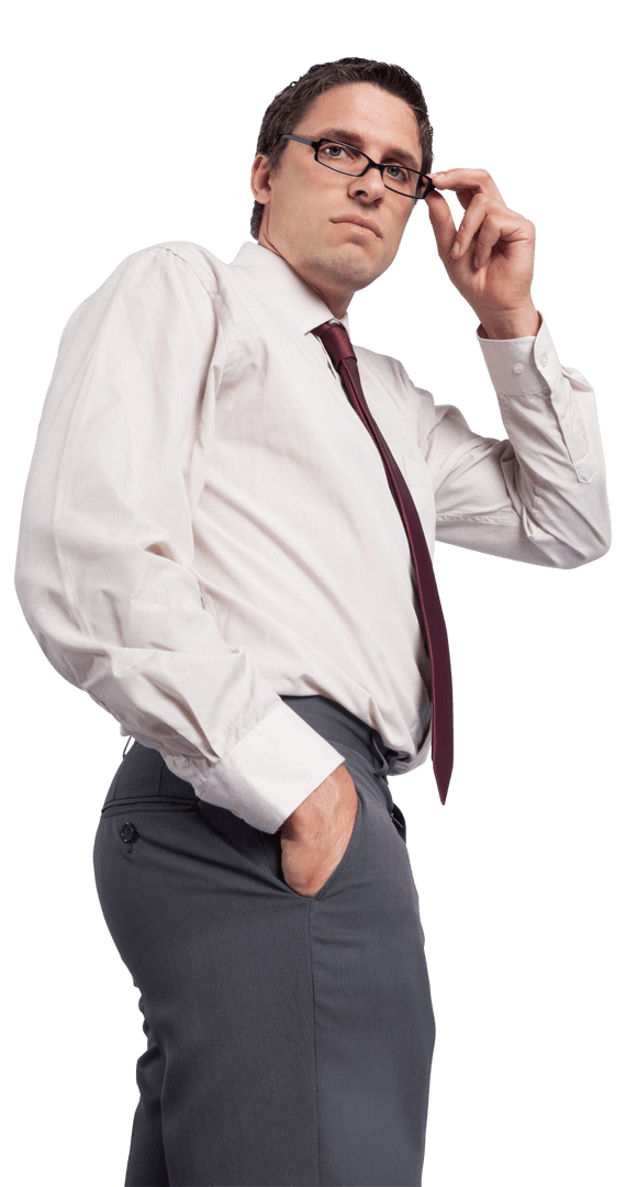 Transparent Confident Businessman Touching Glasses Thinking Pose