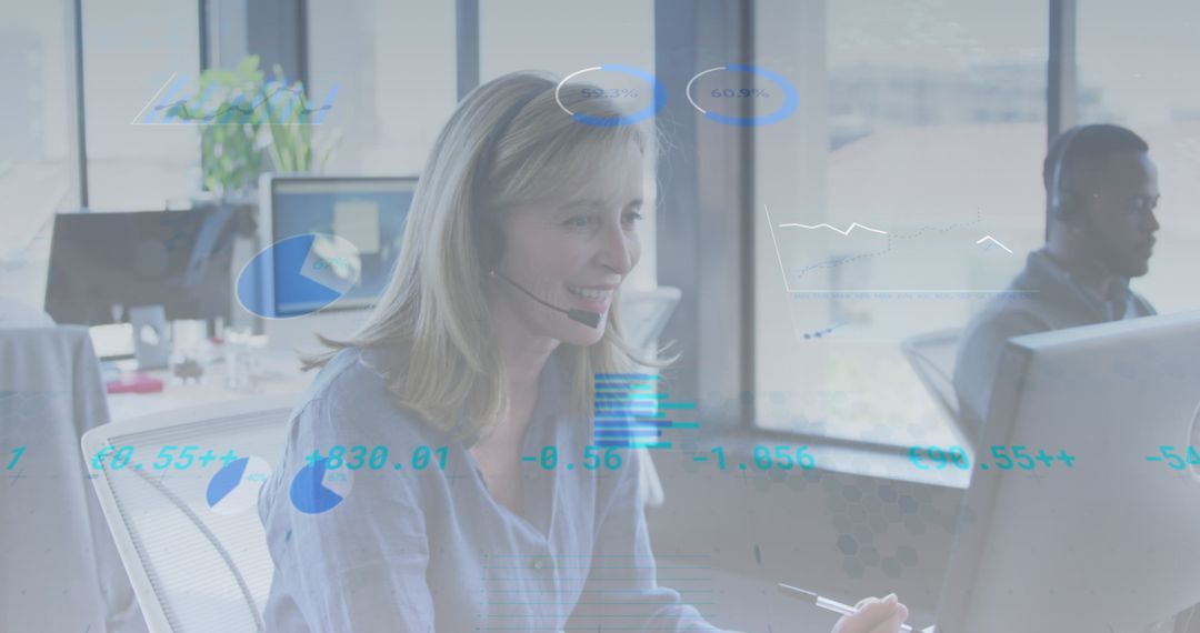 Smiling Professional Analyzing Financial Data in Modern Office