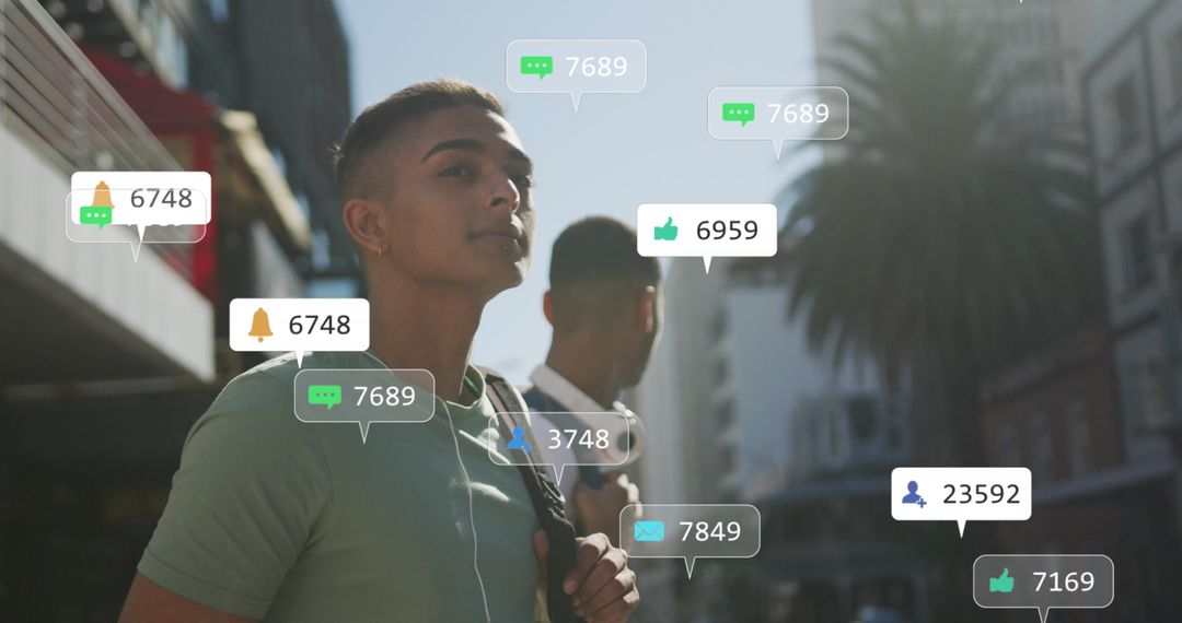 Friends Waving for Cab Overlaid with Social Media Notifications