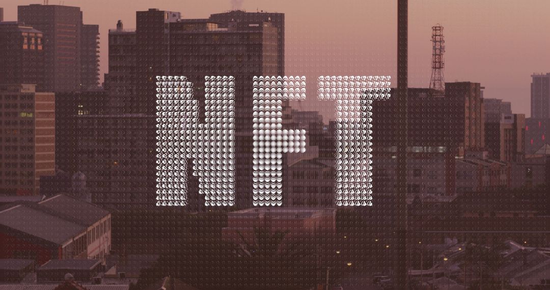 NFT and Cryptocurrency Text Over Urban Skyline