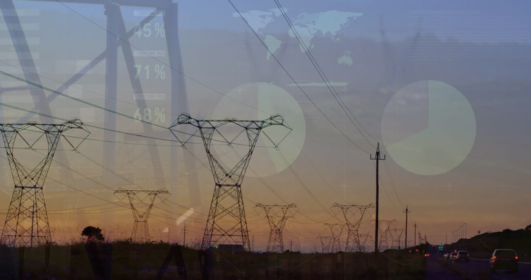 Power Lines at Sunset with Infographics and Global Energy Statistics