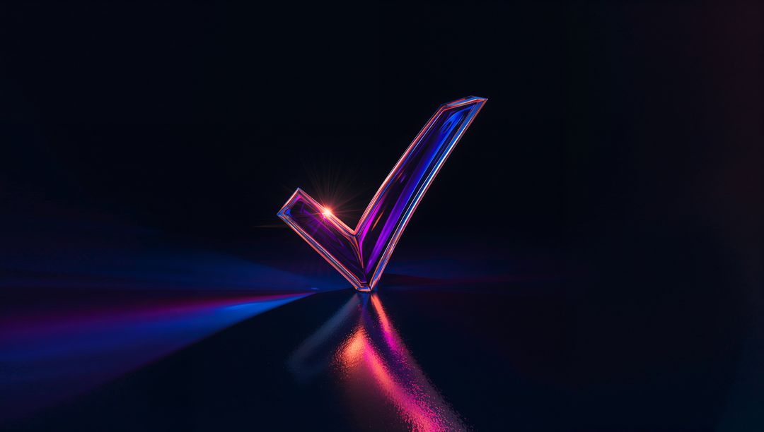 Futuristic Neon 3D Check Mark in Dark Reflective Studio