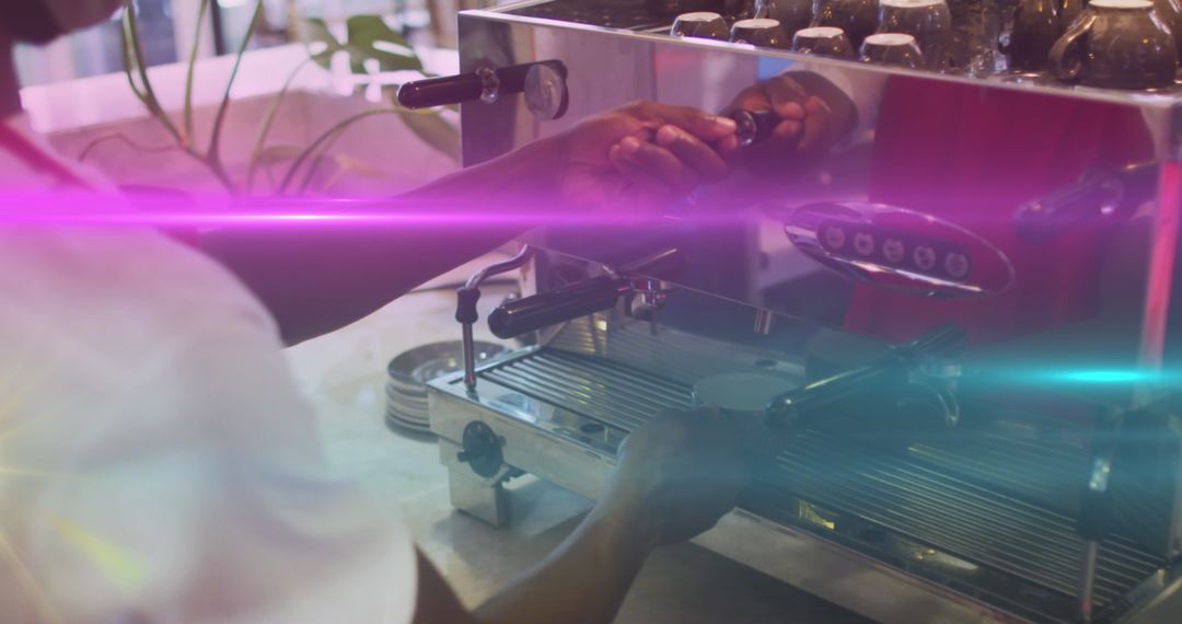 Hands Preparing Coffee on Professional Espresso Machine with Light Effect