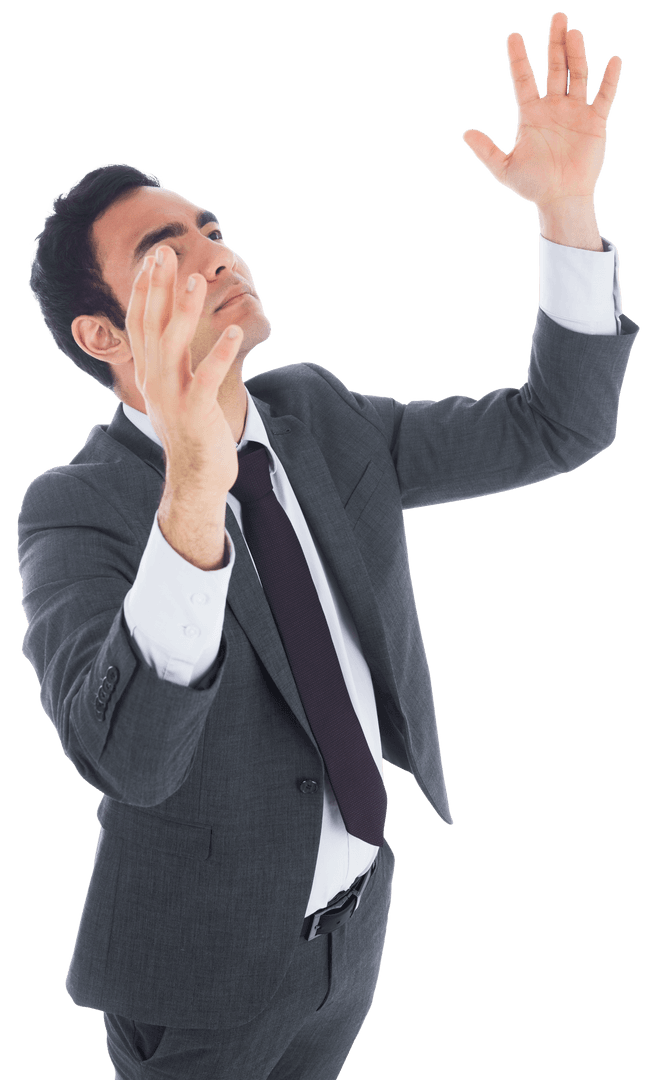 Unsmling Businessman Raising Hands Transparent Background