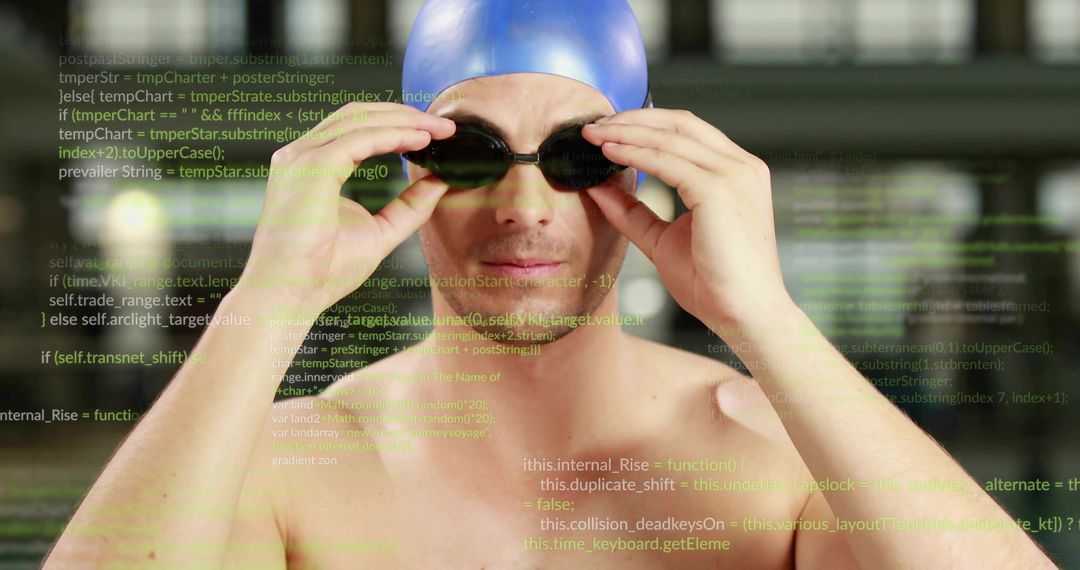 Competitive swimmer adjusting goggles and preparing for race with digital code overlay