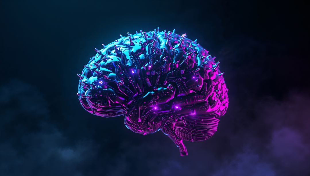 Futuristic Digital Brain with Glowing Nodes and Wires