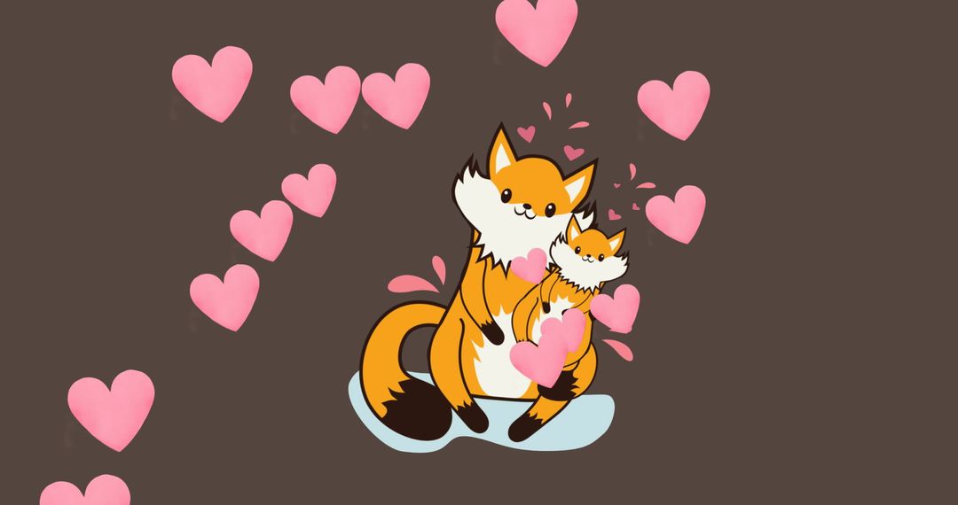 Adorable Fox Mother Embracing Child Surrounded by Hearts