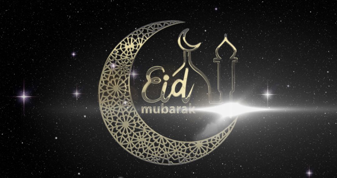 Eid Mubarak Crescent Moon and Mosque Illustration