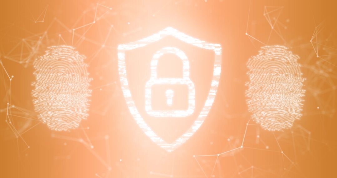 Digital Security Symbol with Fingerprint Overlays on Orange Background
