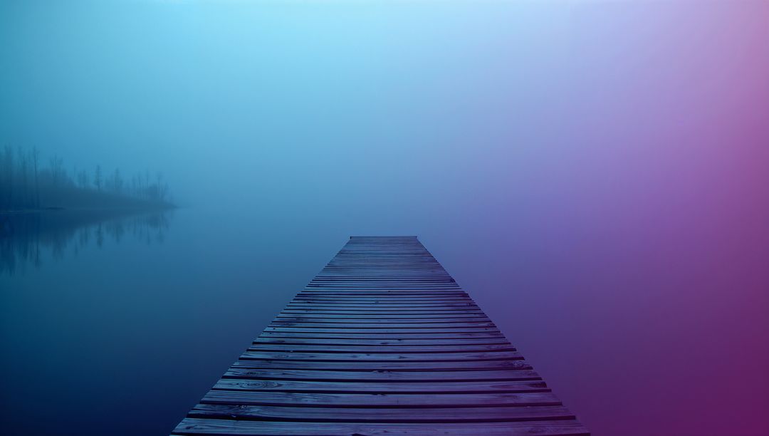 Mystical Pier on Foggy Lakeside with Serene Atmosphere