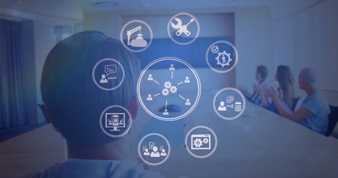 Diverse Team Applauding Digital Interface Display of Business Icons