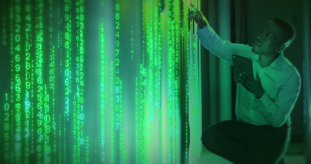 Businessman Analyzing Data Flow in Futuristic Server Room