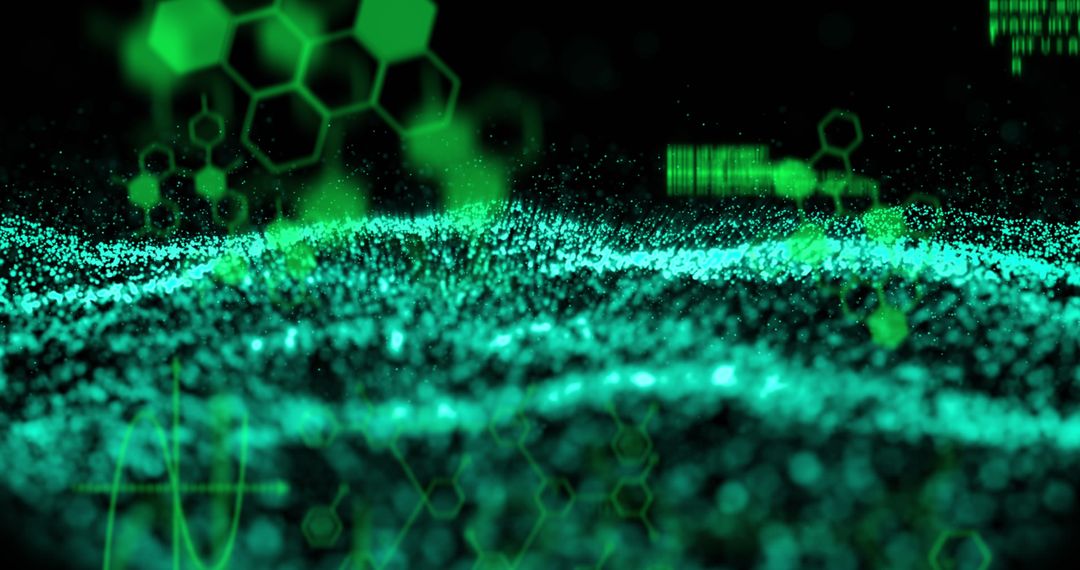 Futuristic Green Chemical Structures and Mesh on Black Background