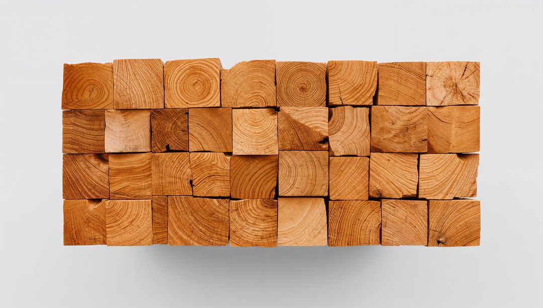 Stacking end-grain timber blocks revealing concentric growth rings and warm wood texture