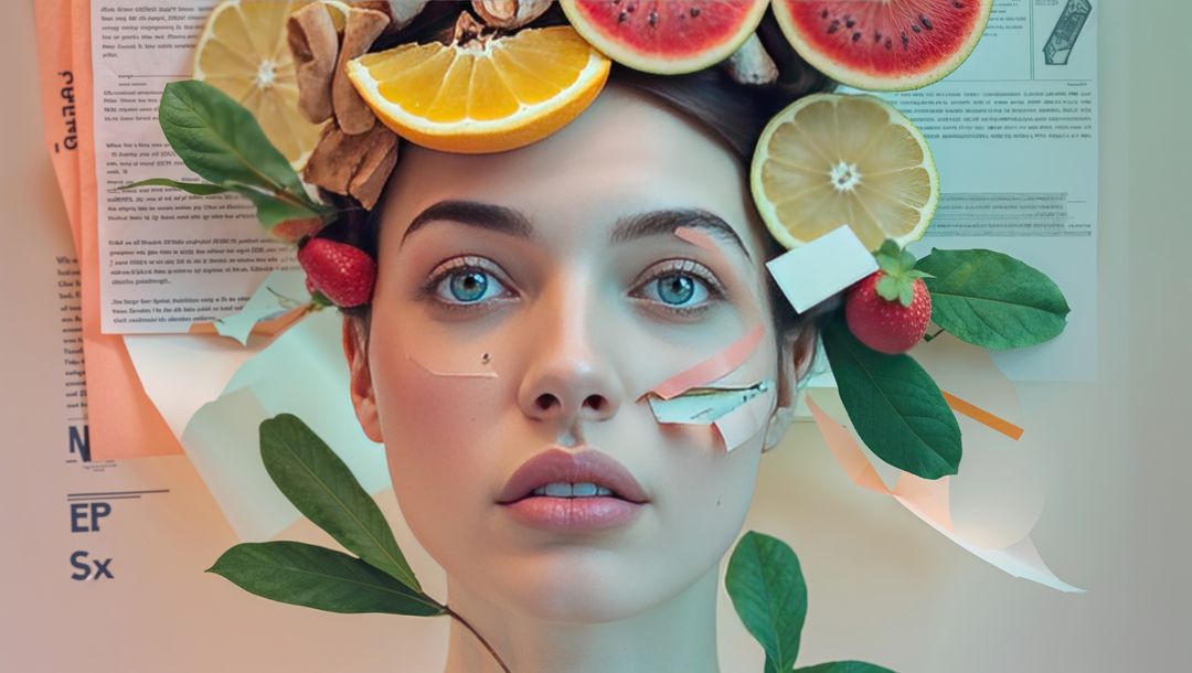 Surrealistic Fruit Crown and Paper Collage Fashion Art