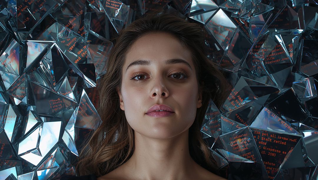 Young Woman Lying on Reflective Crystal Shards with Glowing Code Reflections