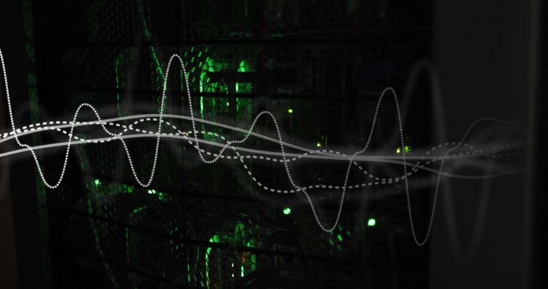 Digital Waveforms Overlay on Green Illuminated Server Racks