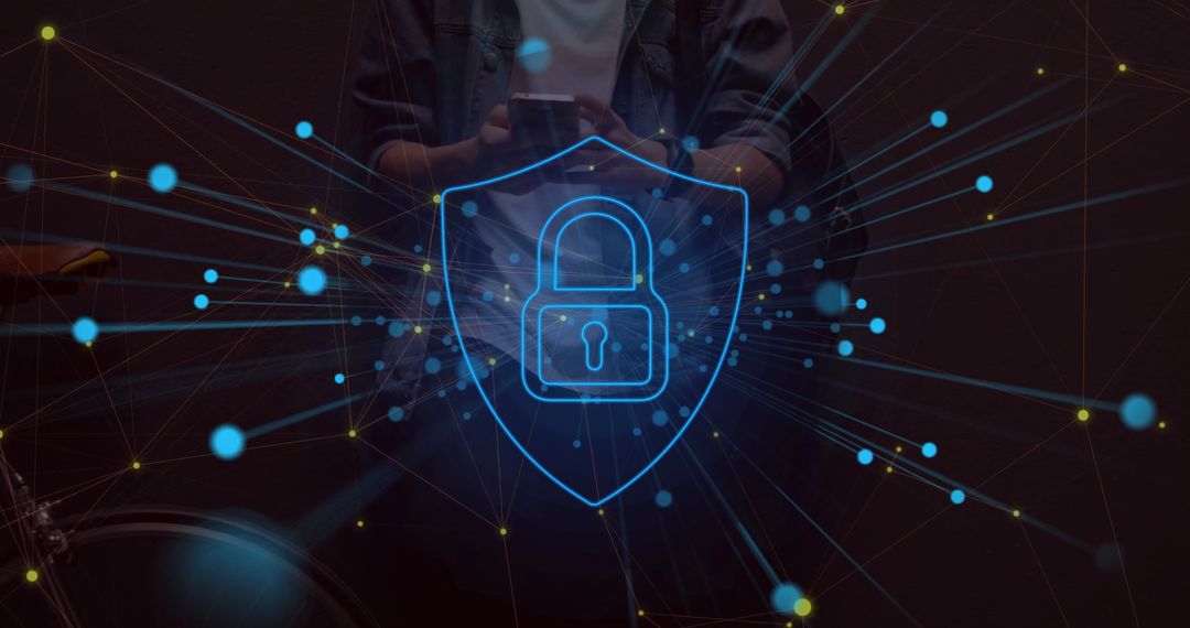 Cybersecurity Shield with Glowing Padlock Over Network