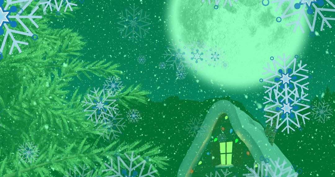 Winter Holiday Scene with Cabin and Snowflakes Under Moonlight