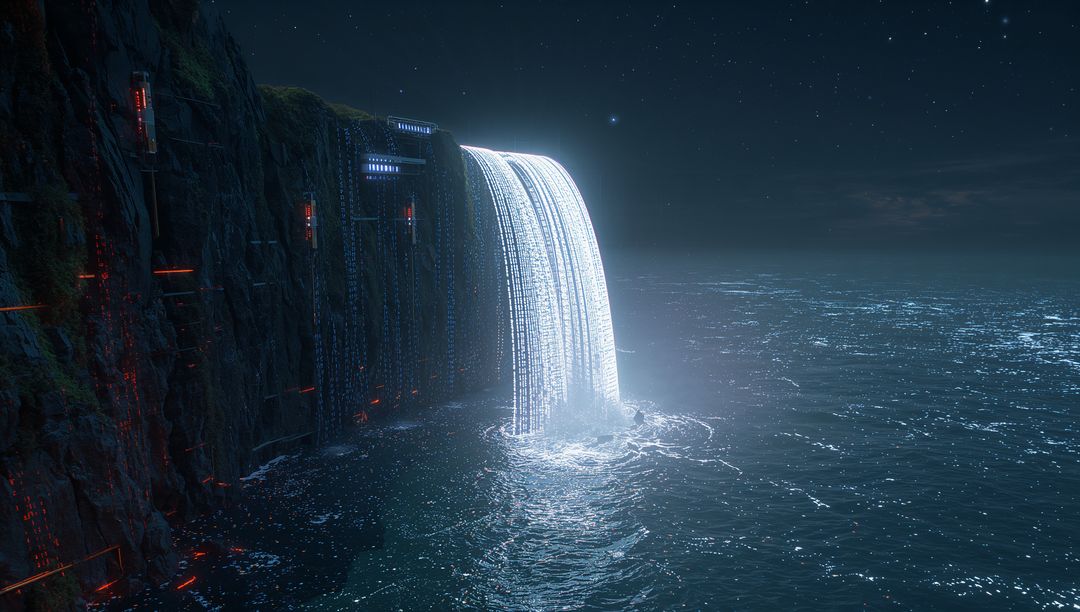 Futuristic Luminous Waterfall Pouring Over Cliff Into Night Sea With Glowing Panels