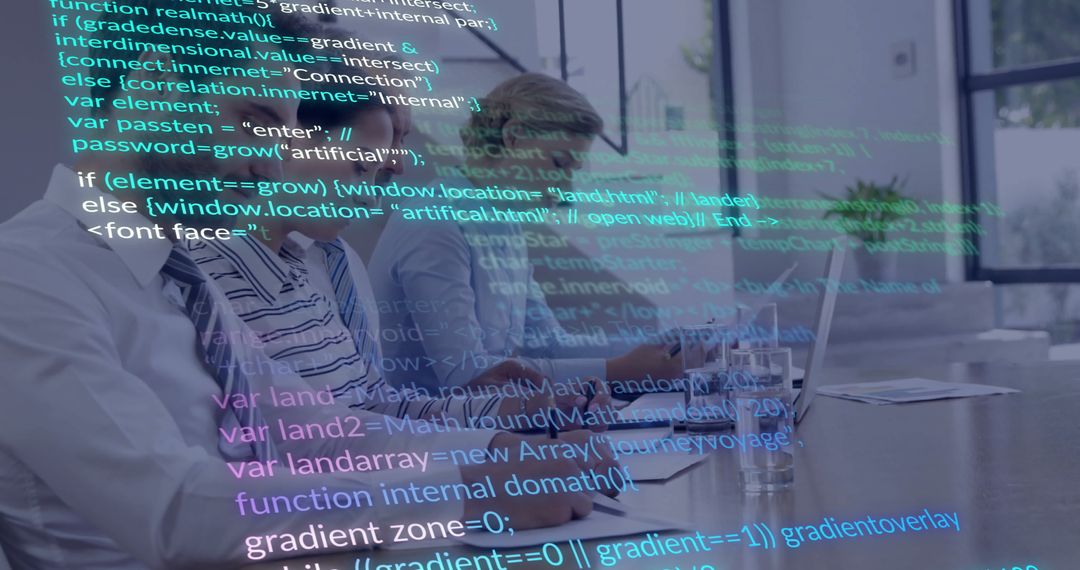 Business Team Amidst Digital Data Streams in Modern Office