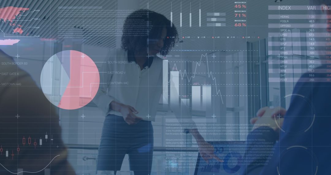 Businesswoman Analyzing Financial Data with Graphs and Charts Overlay