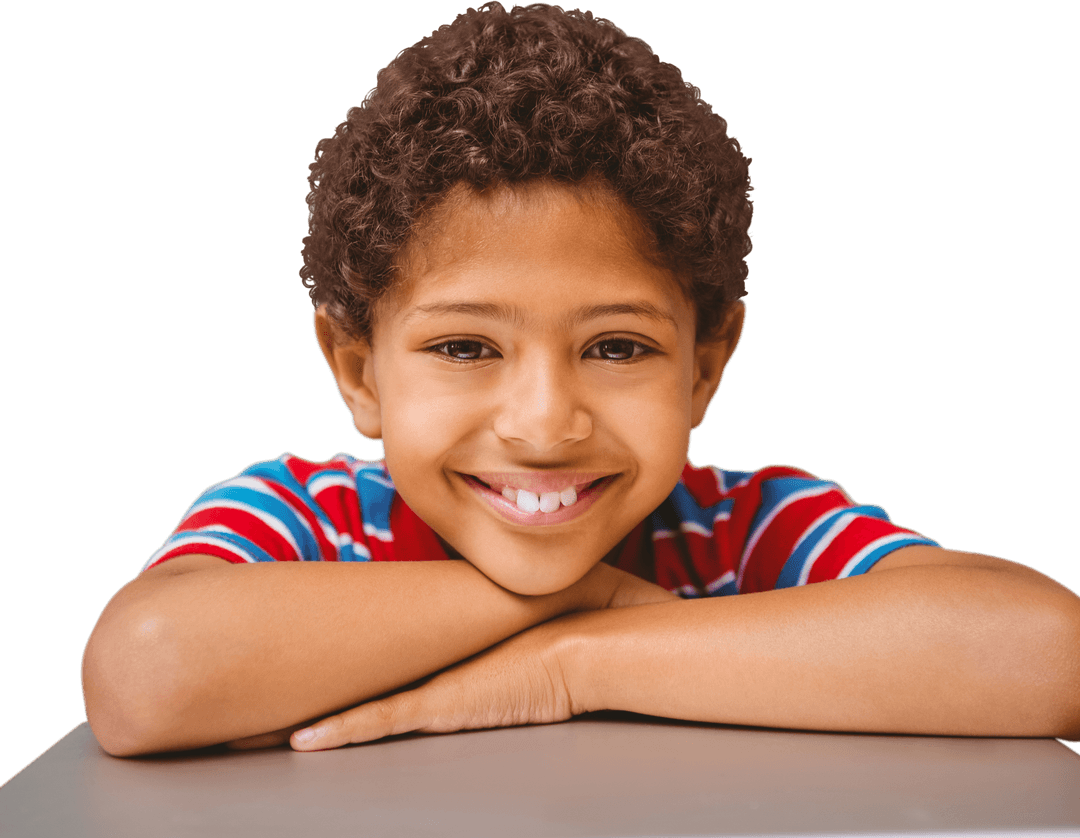 Smiling Biracial Boy Resting with Crossed Hands on Transparent Background