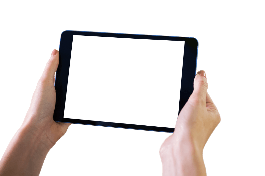 Hands Holding Digital Tablet with Blank Transparent Screen