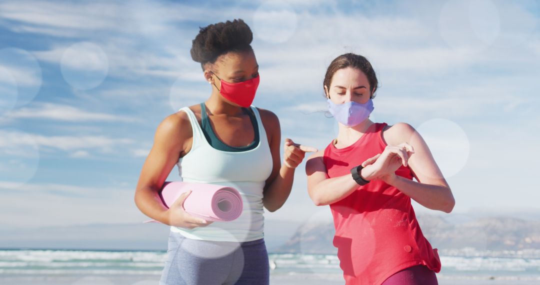 Diverse Friends Exercising on Beach with Face Masks